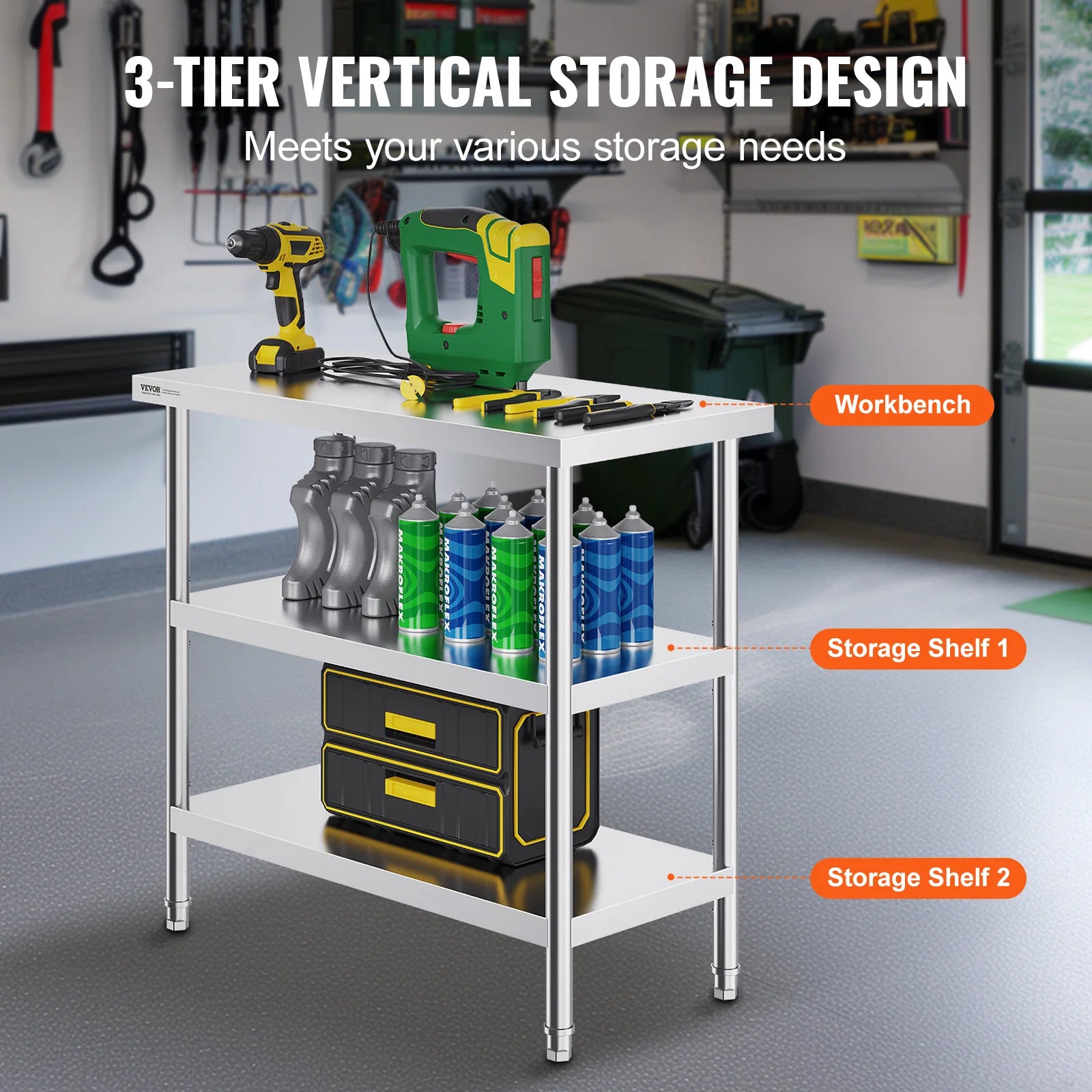 RVS Werktafel -  Keukeneiland - Kookeiland - Keukentafel - RVS Werktafel met Verstelbare Bovenplank - 14 x 60 in -  Roestvrijstalen Keukentafel met 2 Verstelbare Onderschappen - QUORE
