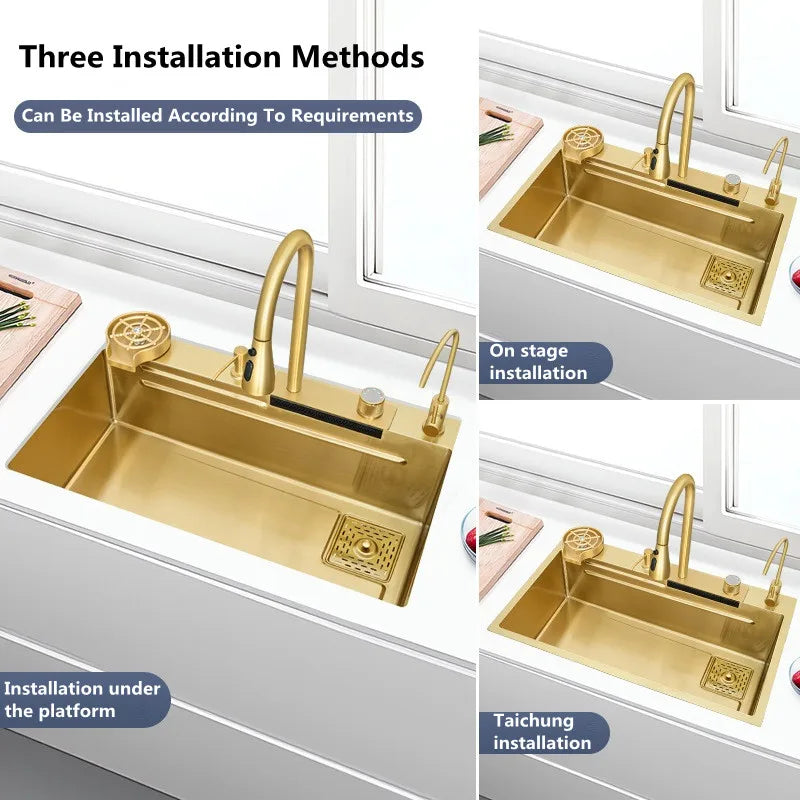 Spoelbak – Gootsteen – Keukenspoelbak – Wasbak – Enkele Spoelbak – 304 Roestvrij Staal – Waterval Afvoersysteem – 68x45cm – Gouden Afwerking