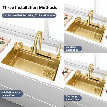 Spoelbak – Gootsteen – Keukenspoelbak – Wasbak – Enkele Spoelbak – 304 Roestvrij Staal – Waterval Afvoersysteem – 68x45cm – Gouden Afwerking