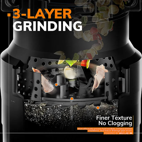 MIUI - Grinder - Continue Voedselverspillingsverwerker - Voedselvermaler - Afvalverwijderaar - met Geluidsreductie, 1/2 HP Voedselafvalvermaler met 3-laags roestvrijstalen maalsysteem - Zwart