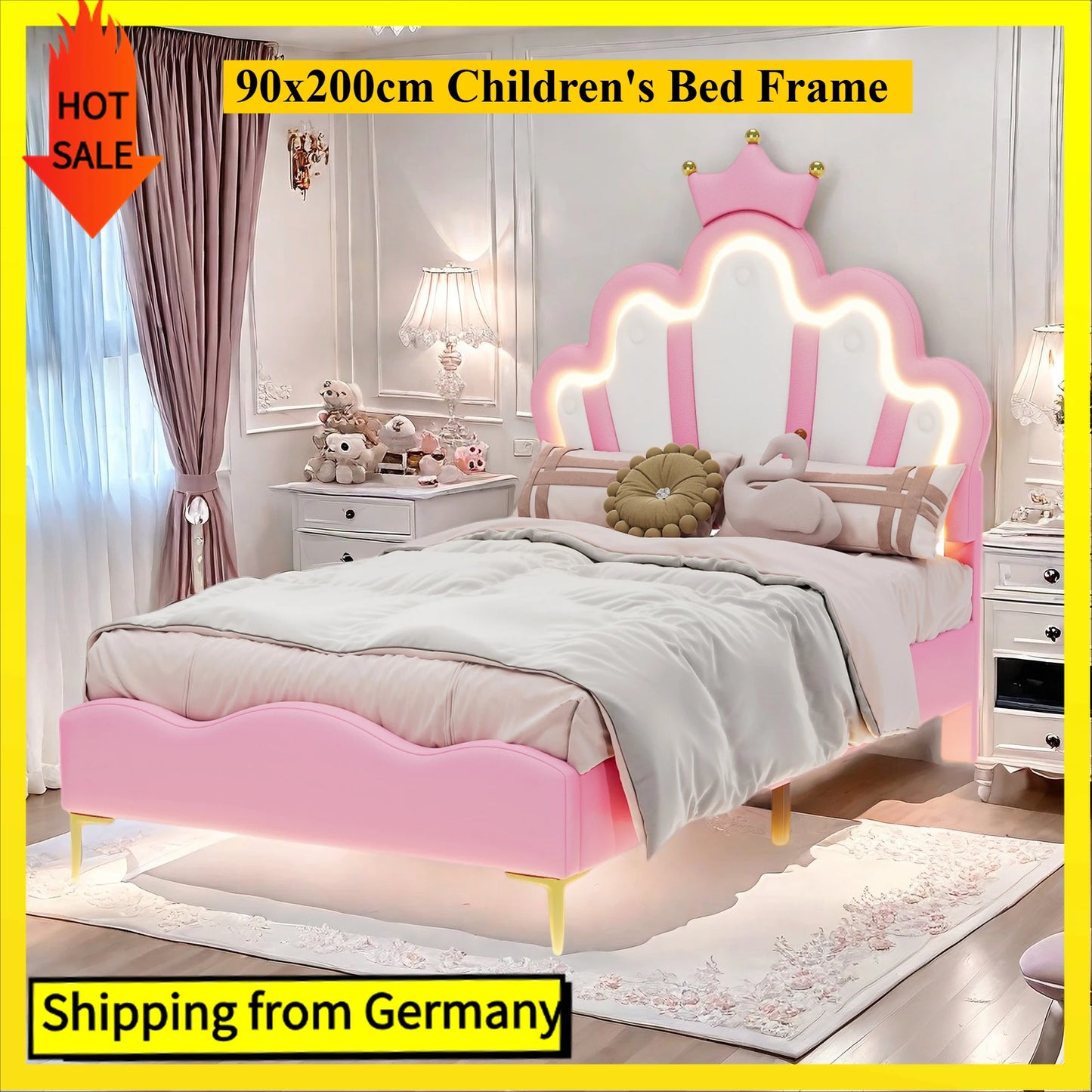 Kinderbed – Peuterbed – Juniorbed – Bedhuisje – Kinderbed met LED-verlichting – 90x200 cm – Gestoffeerd PU Leer – Kroonvormig Hoofdeinde - QUORE