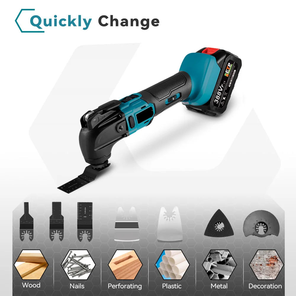 Oscillerende Multitool - Borstelloze - Multifunctionele Tool - Elektrische Zaag - Trimmer - Schop - Polijstmachine -Houtbewerking Tool - voor 18V-21V Batterij - met 2 Accu - 8500-24000PM - Blauw - QUORE