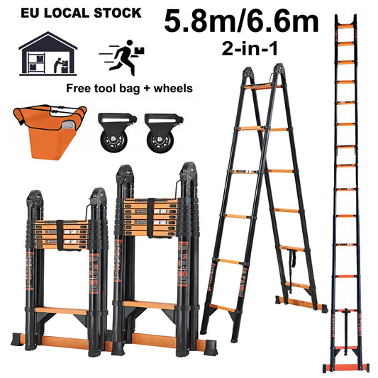 Uitschuifbare Ladder – Telescopische Ladder – Multifunctionele Ladder – Inklapbare Ladder – Verstelbare Ladder – Carbon Staal – 150 Kg Draagkracht - QUORE