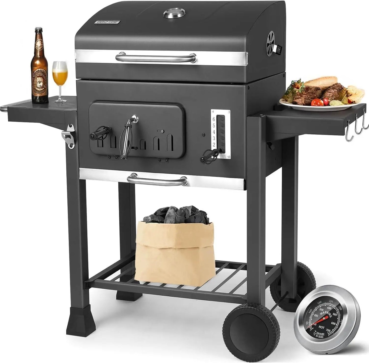 Houtskool Barbecue - XXL BBQ - Smoker Barbecue - Grilloppervlak - Houtskoollade - Opvouwbare Zijtafels - 130x137x49 cm - Zijpanelen - Zwart
