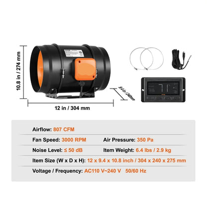 Buisventilator - Inline Kanaalventilator - Afzuig Ventilator -  Stille Afzuigventilator - met Temperatuur - en Vochtigheidssensor - voor Badkamer - Kweekruimte - Woonruimte - EC 8Inch