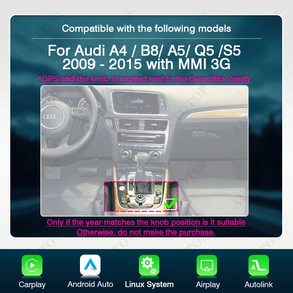 Draadloze CarPlay Adapter – Multimedia Interface – Android Auto Module – Smartphone Koppeling – Wireless Mirror Link – Compatibel Audi MMI 3G (2009-2018) – Plug-and-Play Installatie – AirPlay Streaming - QUORE
