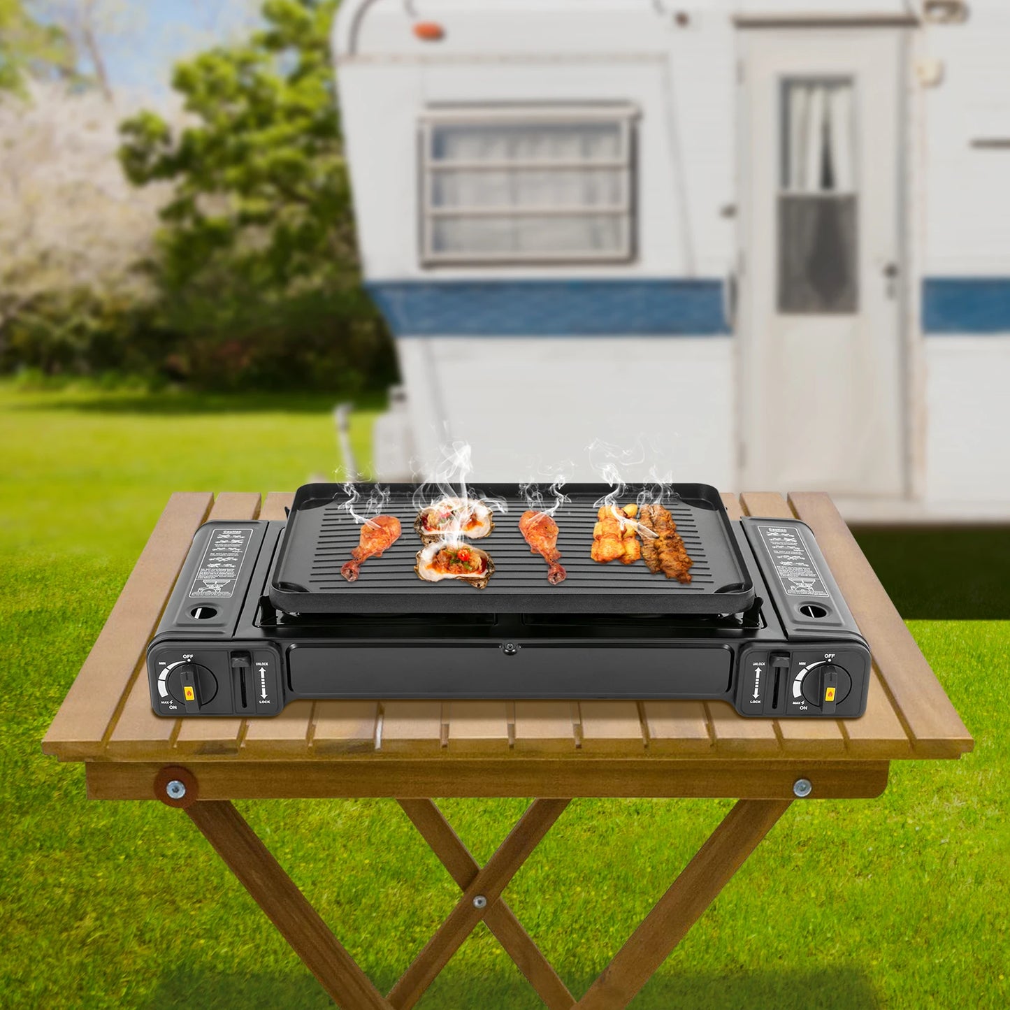Tafel BBQ Gas – Camping Kooktoestel 2 Pitten – Draagbare Gasbrander met Draagkoffer – Verwijderbare Bakplaat – 64x28cm – Zwart
