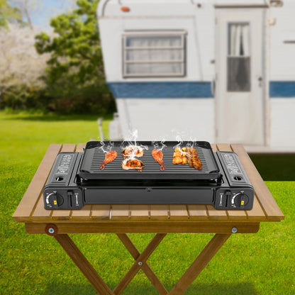 Tafel BBQ Gas – Camping Kooktoestel 2 Pitten – Draagbare Gasbrander met Draagkoffer – Verwijderbare Bakplaat – 64x28cm – Zwart