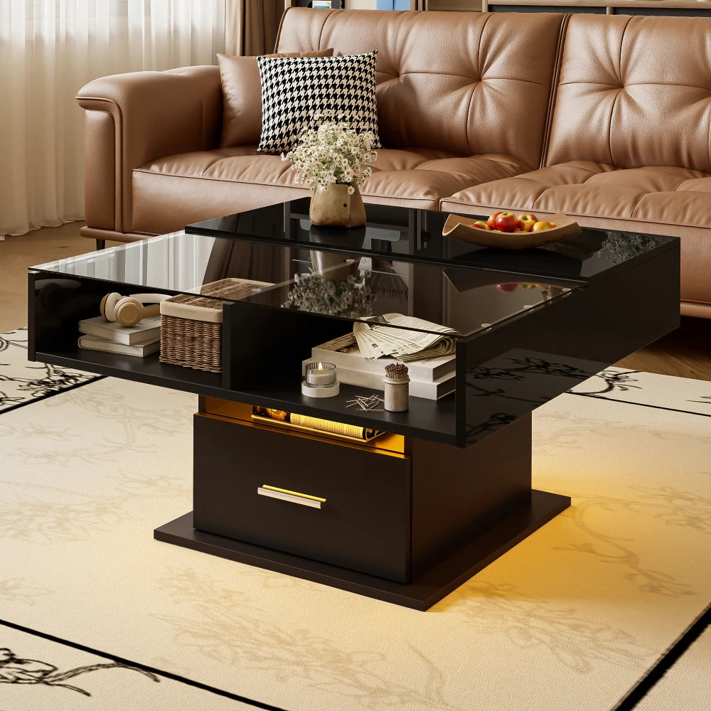 Salontafel – Koffietafel – Bijzettafel – Woonkamertafel – Multifunctionele Tafel – Verstelbare Hoogte – LED Verlichting – Hoogglans Zwart
