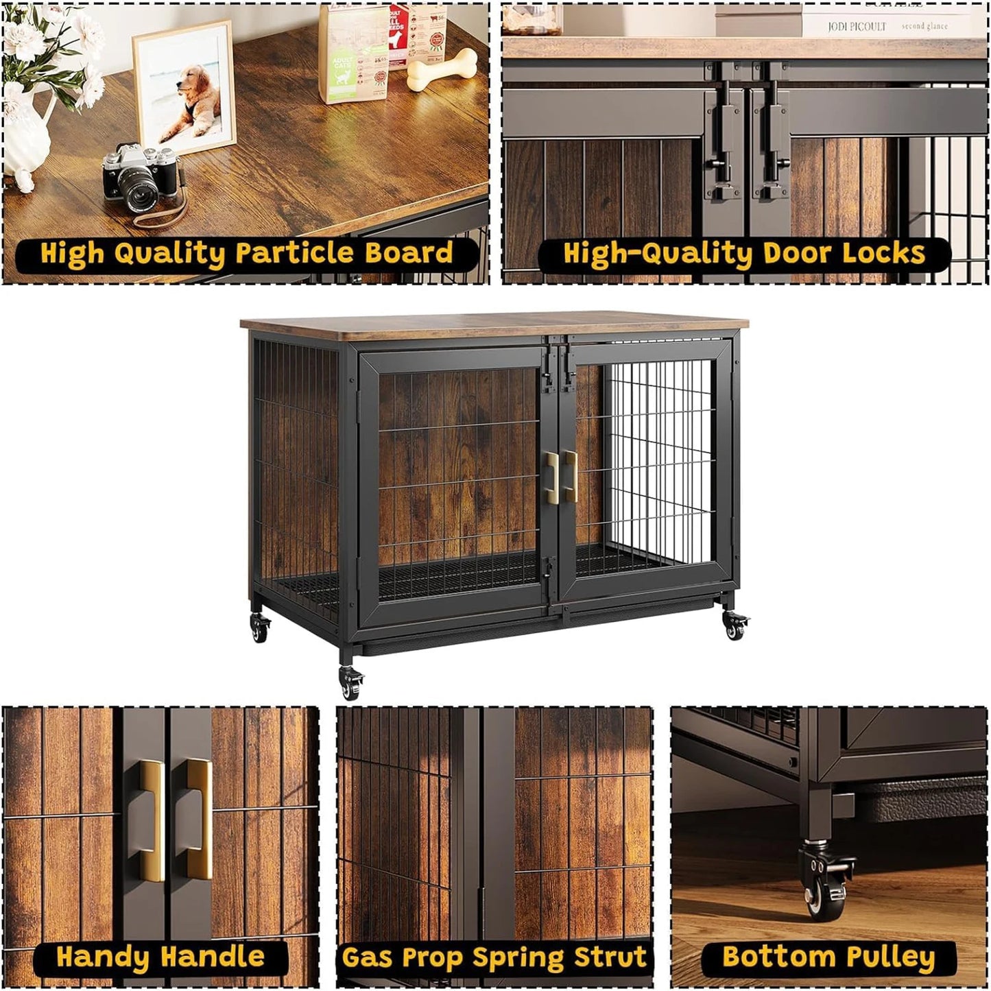 Hondenbench – Hondenkooi – Hondenhok – Hondenmand – Hondenkooi Metalen Bench – Dubbele Deuren – Verwijderbare Bodemtray – Wieltjes Met Rem – Staal – Voor Kleine en Middelgrote Honden