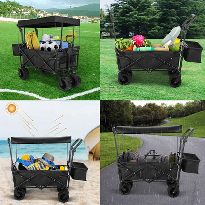 Bolderkar - Bolderwagen - Opvouwbare - met Afneembare Luifel - Tuinkar - Tuinwagen - Tuintrolley voor Strand, Camping of Caravan - Laadvermogen 75kg - 262L - Zwart