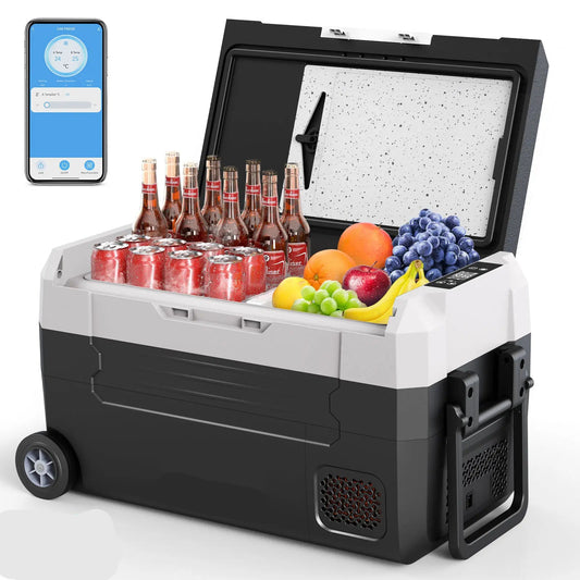 Mini Koelkast - Auto Koelkast - Mini Fridge - Frigo - Draagbare - Kleine -Compressor Koelbox - Elektrische Vriesbox - Dual Zone - met Wielen - Bluetooth - 240V Autocompressorkoeler - 12V/24V - 35L - Zwart