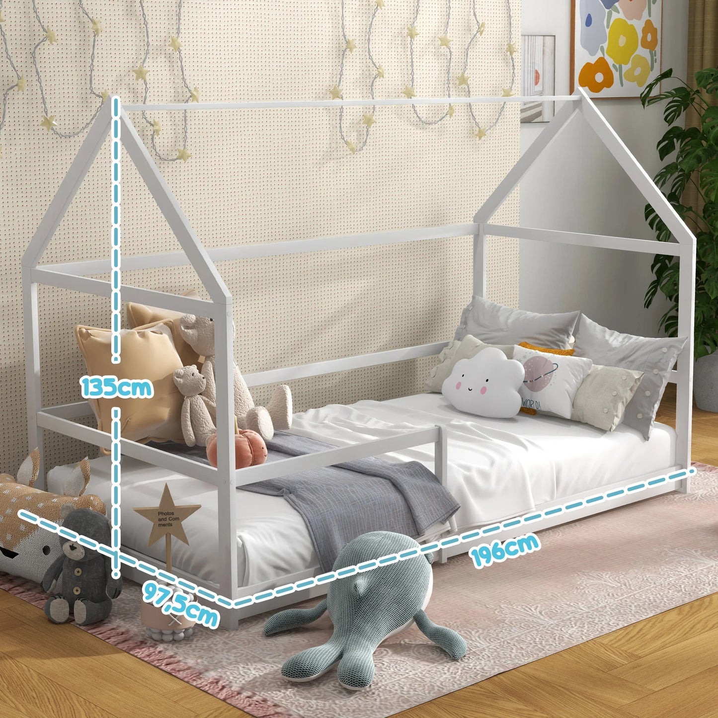 Kinderbed – Huisvormig Bed – Speels Bed – Kinderbed Met Spijlen – Laag Instap Bed – Massief Dennenhout – Geschikt Voor Matras 190x90 cm