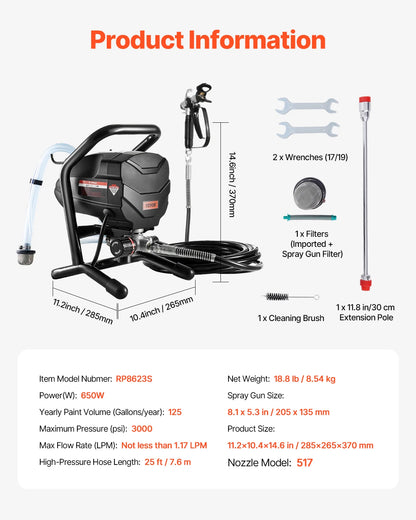 Airless Verfspuit - Verfspuitmachine - Verfspuiten Electrisch - 650W - 3000PSI - 25FT Slang - Verfspuitpistool - met Verlengstuk - Instelbare Druk - Voor Latex en Olieverf