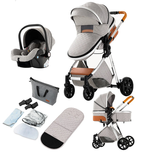 kinderwagen - 3 in 1 Draagbare Kinderwagen - Jogging buggy - Runner - Lichtgewicht kinderwagen - Baby kinderwagen - Kinderwagen - Reiskinderwagen voor pasgeboren baby - Hoog landschap - 3 stuks Buggy Kinderwagen - Lichtgrijs - QUORE
