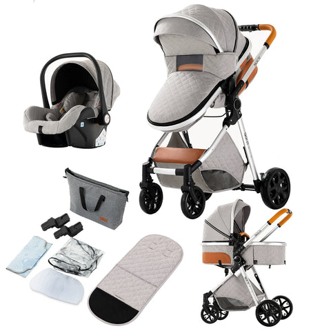 kinderwagen - 3 in 1 Draagbare Kinderwagen - Jogging buggy - Runner - Lichtgewicht kinderwagen - Baby kinderwagen - Kinderwagen - Reiskinderwagen voor pasgeboren baby - Hoog landschap - 3 stuks Buggy Kinderwagen - Lichtgrijs