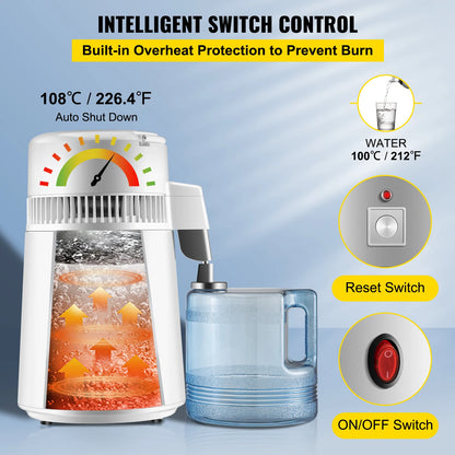 Waterdestilleerder - Destilleerapparaat - RVS - Water Destilleren - 4L - Water Distiller - Destilleerketel - Destilleerder - Purifier & Filter Dispenser – Roestvrij Stalen Drinkwaterverhitter voor Thuis en Kantoor