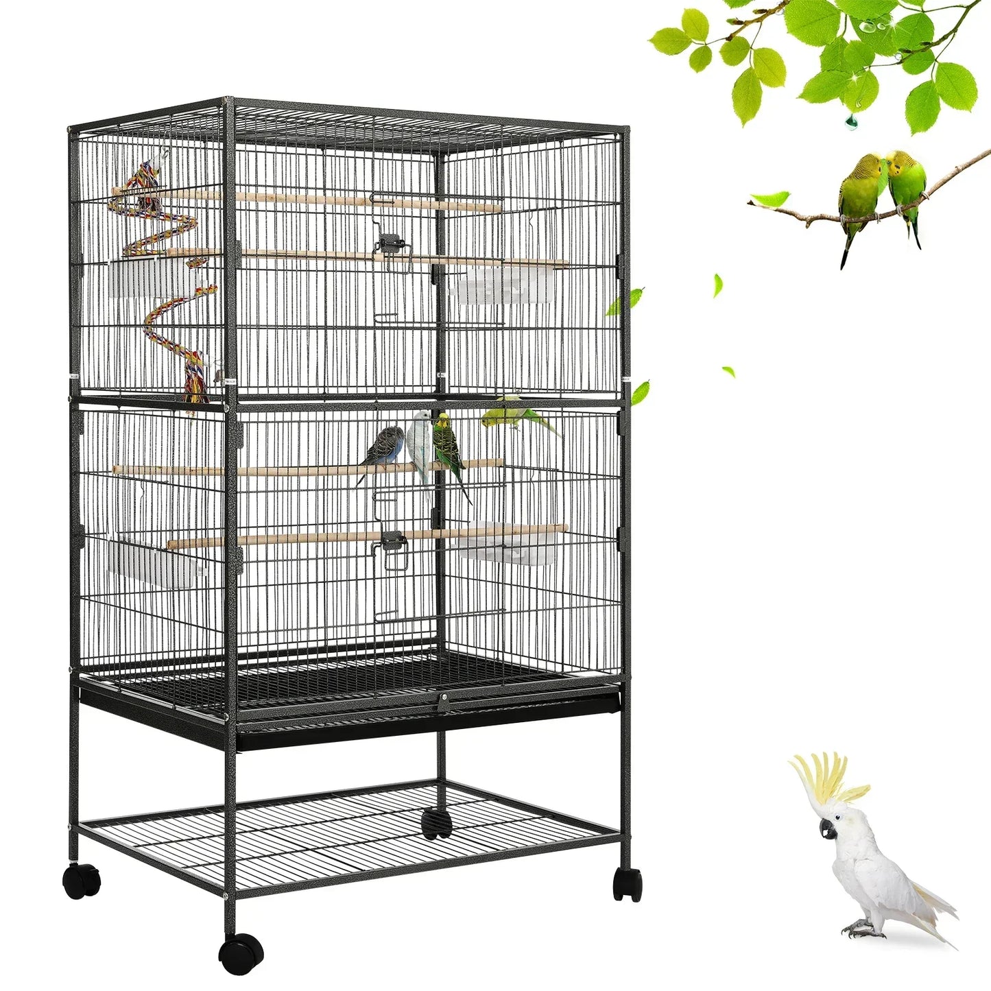 Vogelkooi – Vogelkooi Op Wieltjes – Vogelkkooi Klein – Parkietenkooi – Metalen Kooi – 52x78x132 Cm – 4 Houten Zitstokken
