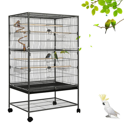 Vogelkooi – Vogelkooi Op Wieltjes – Vogelkkooi Klein – Parkietenkooi – Metalen Kooi – 52x78x132 Cm – 4 Houten Zitstokken