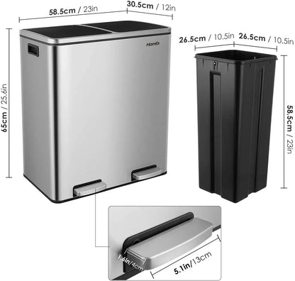 Prullenbak - Prullenbak 60L - Prullenbakken - Prullenmand - RVS - Prullenbak met Voetpedaal - Handsfree, Dubbel Compartiment & Soft-Close Deksel - Wit - QUORE