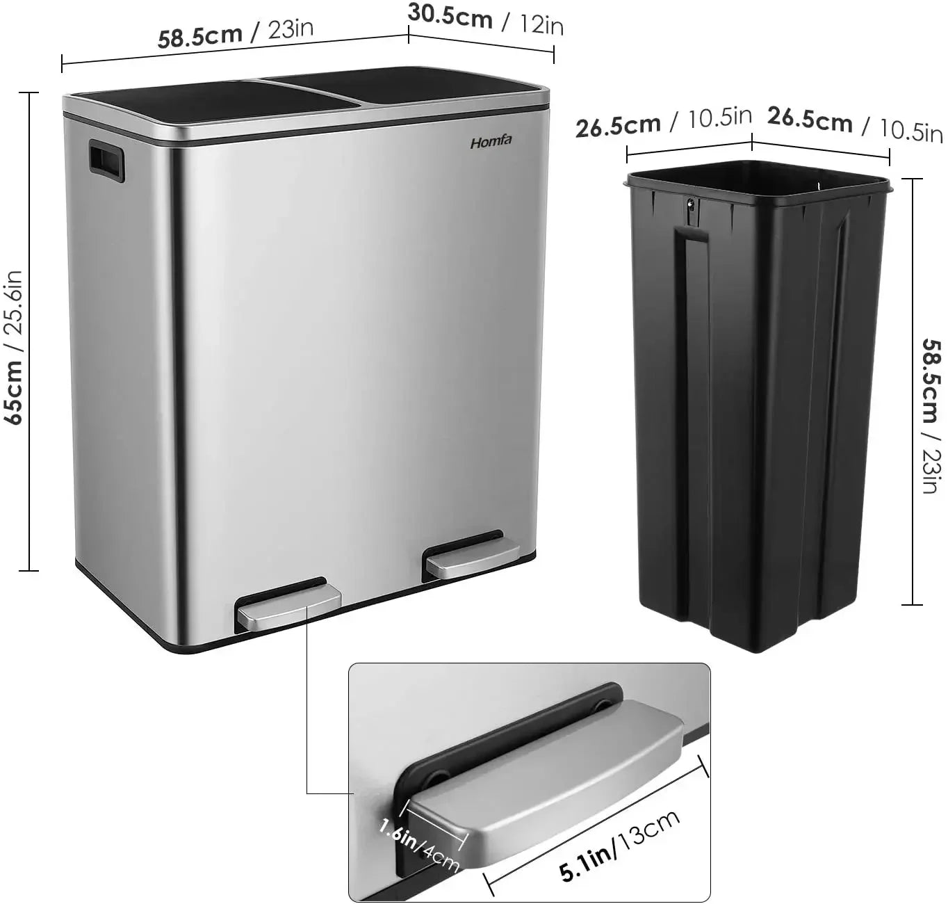 Prullenbak  - Prullenbak 60L - Prullenbakken - Prullenmand - RVS - Prullenbak met Voetpedaal - Handsfree, Dubbel Compartiment & Soft-Close Deksel - Zwart - QUORE