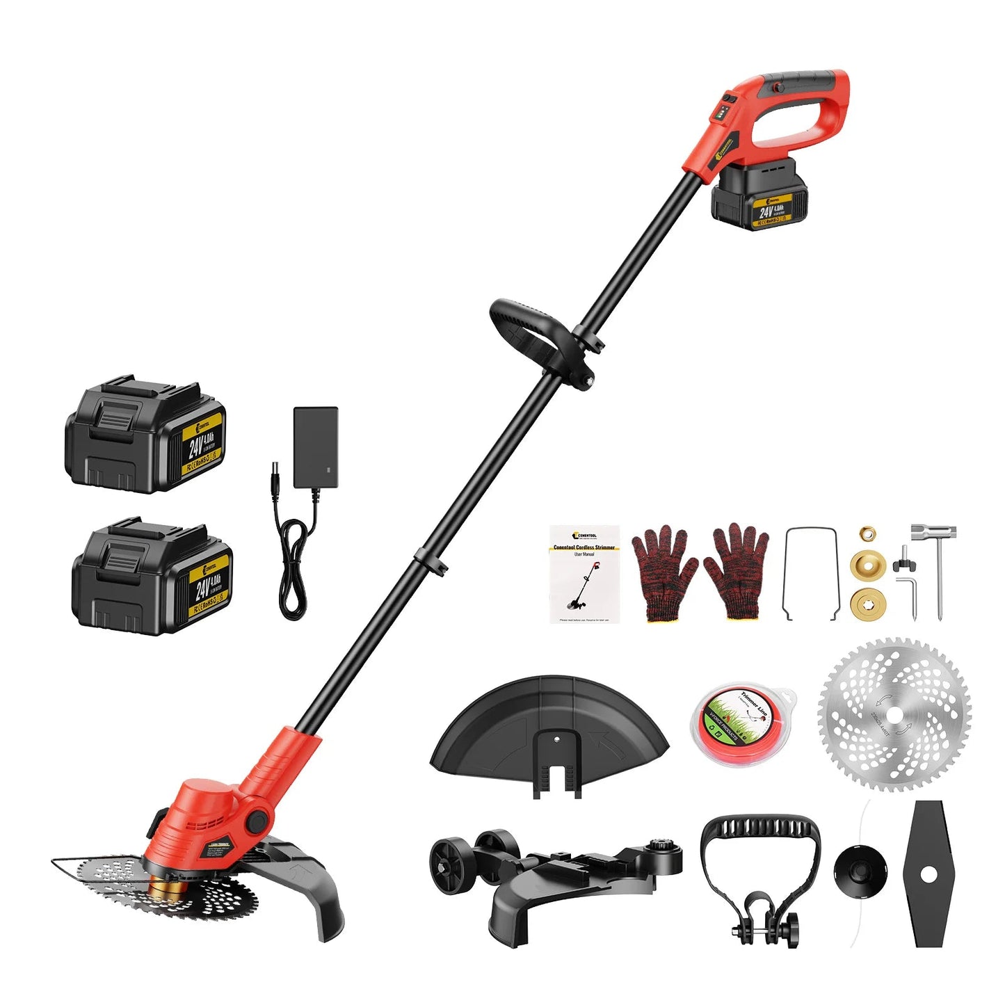 Accu Grastrimmer - Grasmaaier - Bosmaaier - Grastrimmer - Draadloze Strimmer - Telescopische - Opvouwbaar - Verstelbaar - met Wielen - Maaiaccessoires - 2x Batterij - 1000W - 8500 RPM - 24V - 4000mAh - Rood