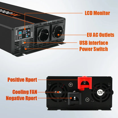 Pure Sine Wave Omvormer – Spanning Omzetter – Stroom Converter – Energie Inverter – Power Inverter 6000W 12V EU – Continu vermogen 3000W – LCD Display