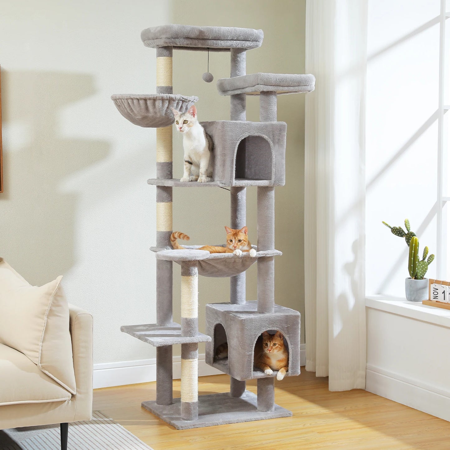 Kattenboom - Krabpaal - Katten Klimmuur - Sisal Krabpalen - Arbre a Chat - Hangmat - Kattenhuisje - 54x44x175cm - Roze