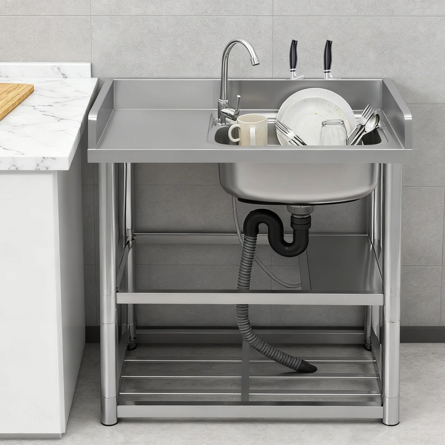 2-Tier Stainless Steel Single Bowl Sink with Worktop and Faucet, 100KG Capacity Floor Standing Kitchen Hand Washing Station - QUORE