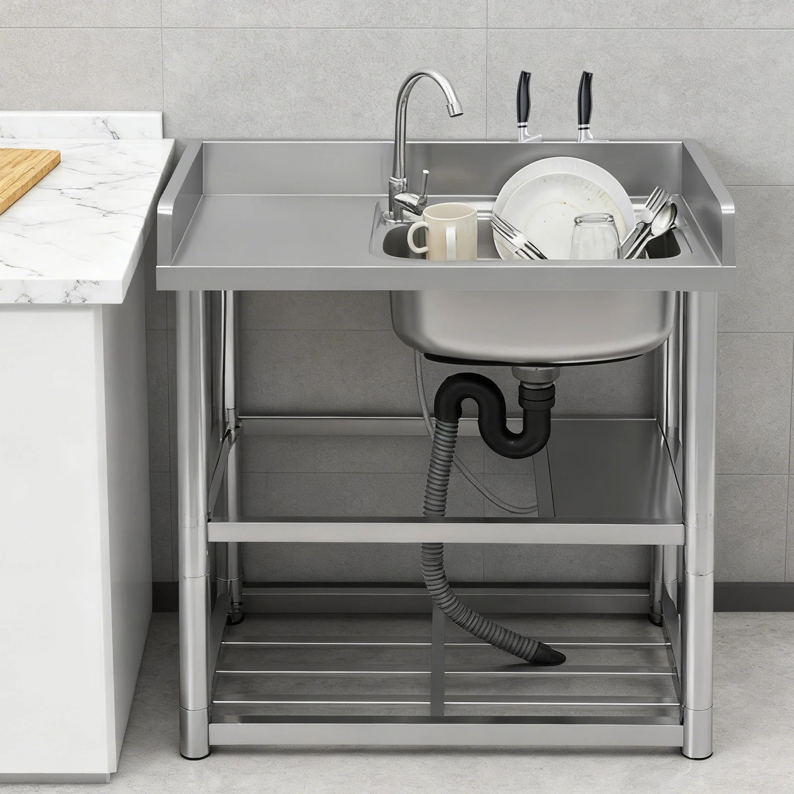 2-Tier Stainless Steel Single Bowl Sink with Worktop and Faucet, 100KG Capacity Floor Standing Kitchen Hand Washing Station - QUORE