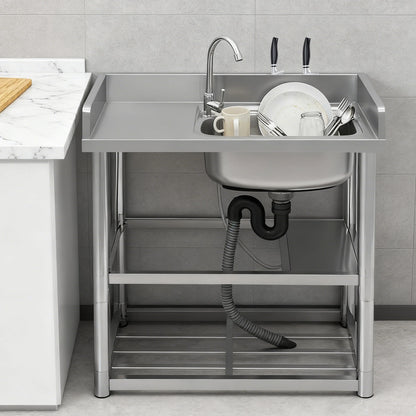 2-Tier Stainless Steel Single Bowl Sink with Worktop and Faucet, 100KG Capacity Floor Standing Kitchen Hand Washing Station - QUORE