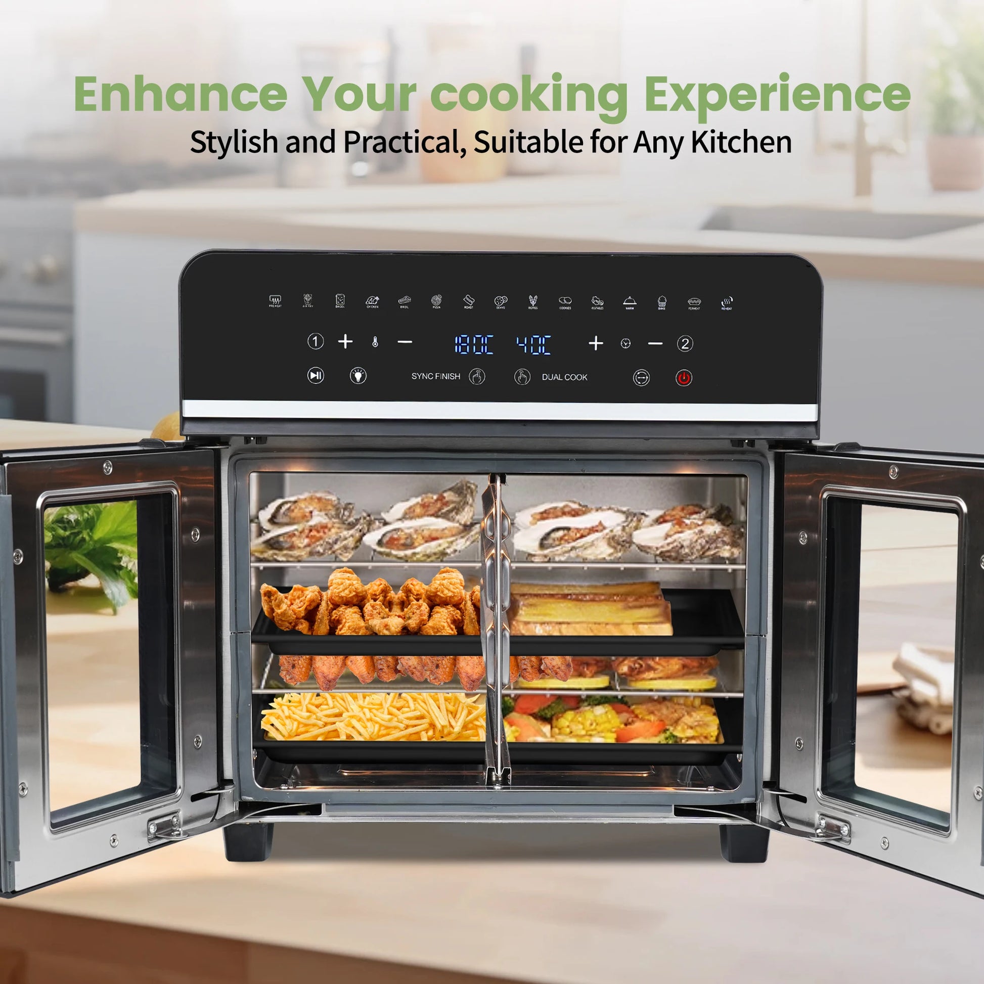 Heteluchtfriteuse – Airfryer - Airfryer Oven XXL - 23L - Dubbele Lades - 2200W - 240V - LED Touchscreen – 15 Programma’s - Kijkvenster - Zwart - QUORE