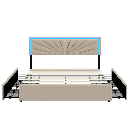 Beige Linnen Bed – Tweepersoonsbed – Opbergbed – Bedframe – Slaapkamerbed – 160x200 cm – Verstelbare Hoofdsteun – RGB LED-verlichting