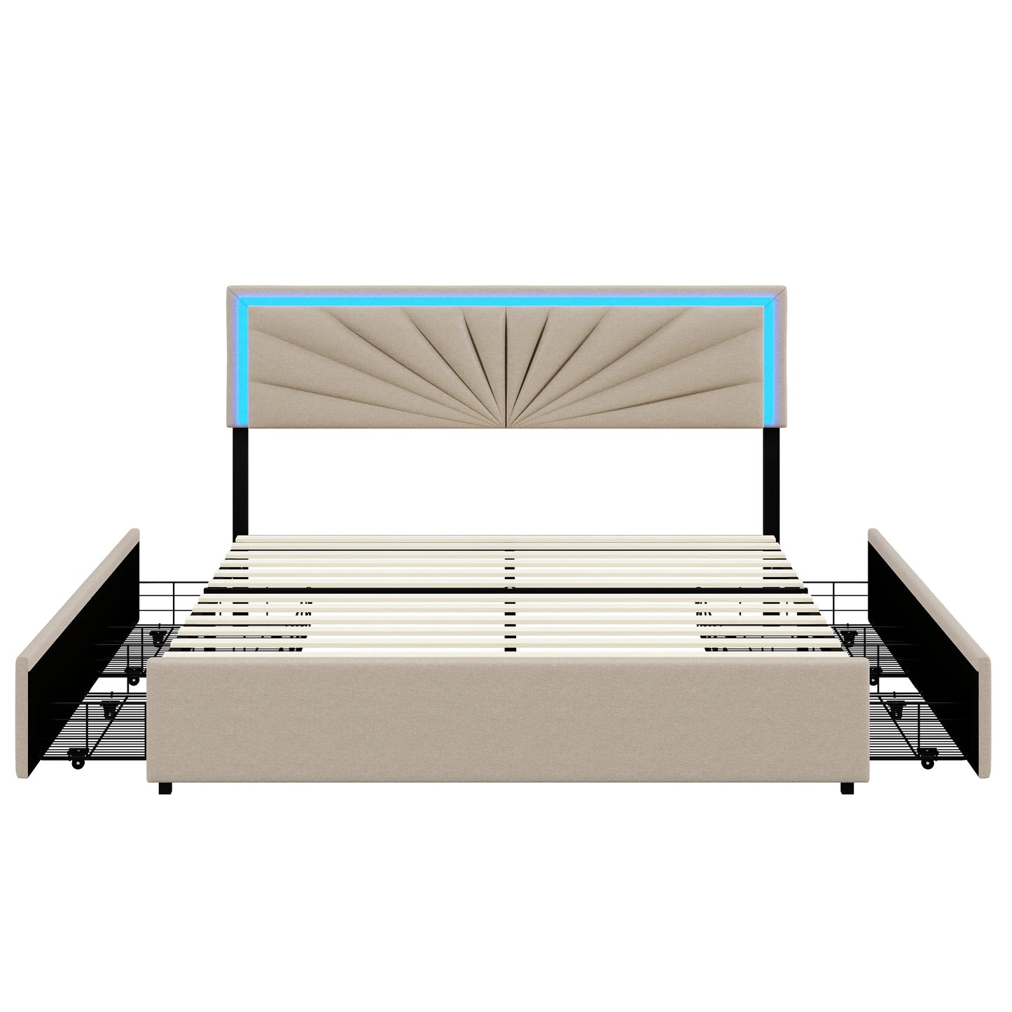 Tweedersoonsbed – Opbergbed – Bedframe – Slaapbank – Linen Bekleding – 140x150 cm – Verstelbaar Hoofdbord – RGB LED Verlichting