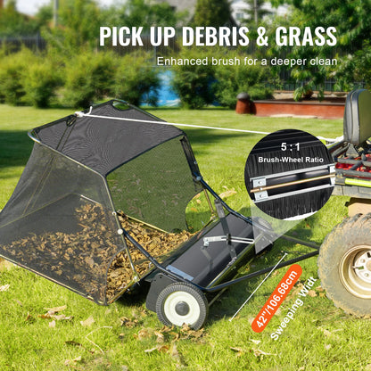 Gras- En Bladschepper – Tuinveger – Bladruimer – Grasveger – Opvangzak 12 Kuub – Instelbare Borstelhoogte – Brede Veegbreedte 106 Cm - QUORE