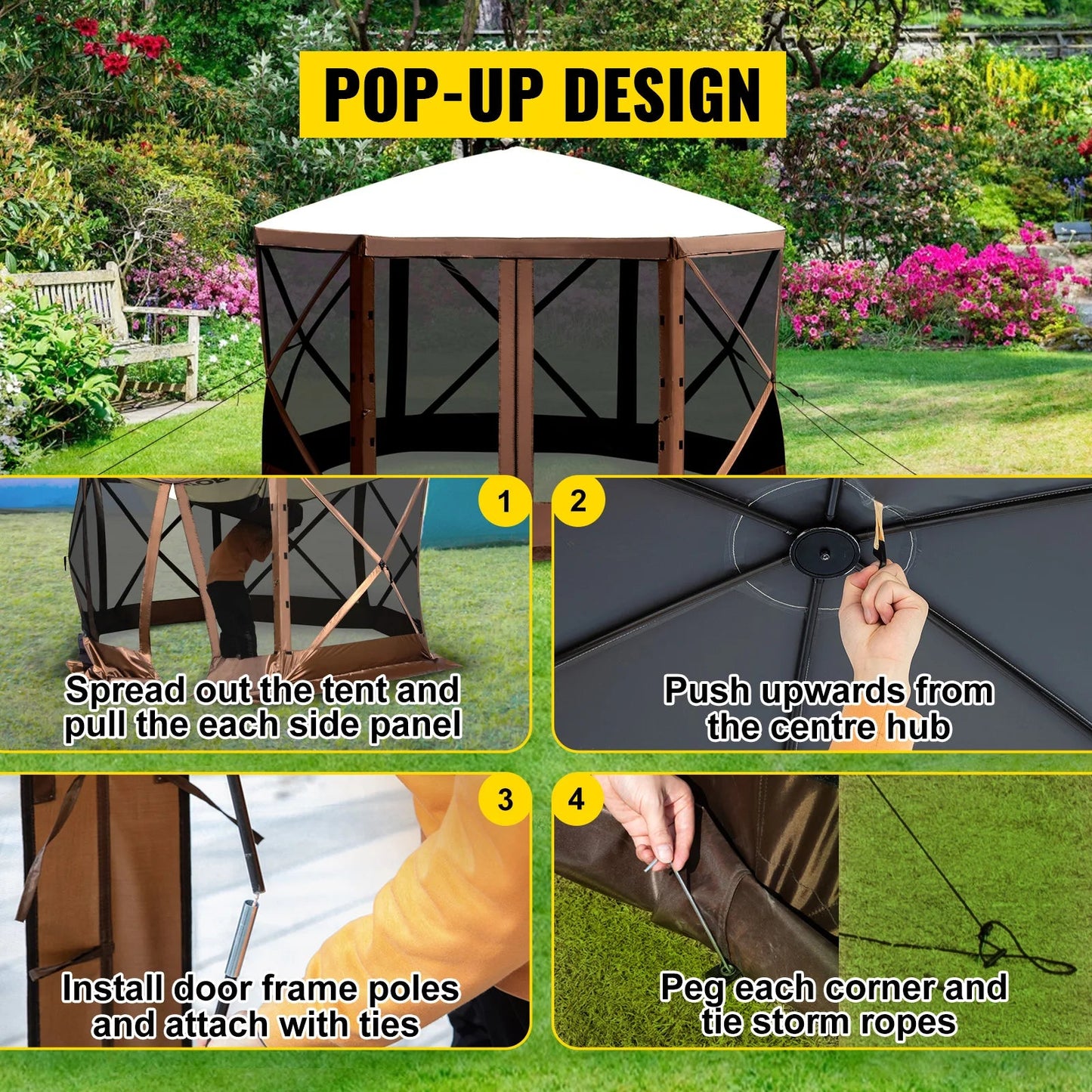 Pop up tent – Kampeertent - Tent - Partytenten - Paviljoen - Partytent - 12x12ft - Gazebo - Waterdicht & UV-bescherming – 6-zijdig Ontwerp – Inclusief Schaduwluifel & Mesh Vensters