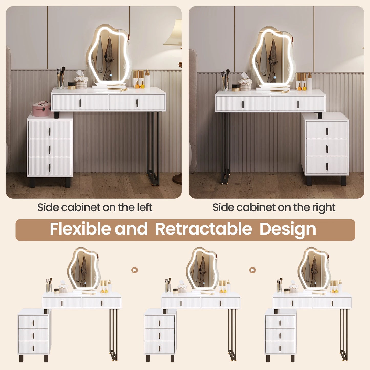 Kaptafel – Make-uptafel – Schminktisch – Dressing Table – Verlichte Kaptafel – Verstelbare LED-Spiegel – 5 Lades – Glanzend Wit MDF