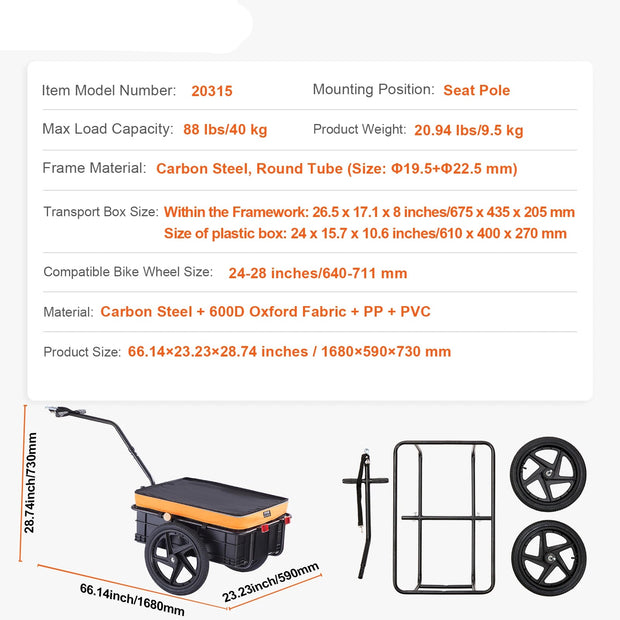 Fietsaanhanger - Fietskar - Fietsmand - Transport Trailer Bike - 88 lbs - Opvouwbare Opbergruimte - met 16“ Wielen & Veilige Reflectoren - Past op 24”-28” Fietswielen
