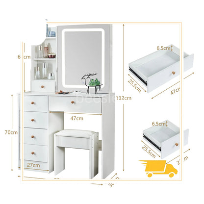 Kaptafel – Make-uptafel – Schminktisch – Vanity – Dressoir – Wit – Met Dimbare LED-Verlichting – Inclusief Comfortabele Kruk