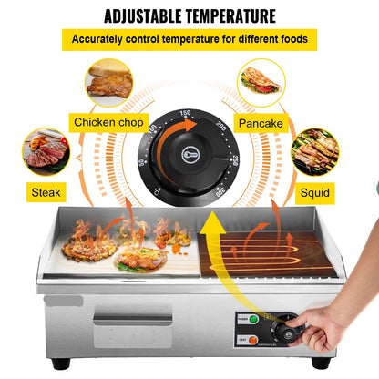 Elektrische Grillplaat - 2000W – Grillplaat - Teppanyaki Grill - Roestvrij Staal – 50-300°C Temperatuurregeling – 14 inch - Voor Horeca -en Thuisgebruik - Ruim Bakoppervlak