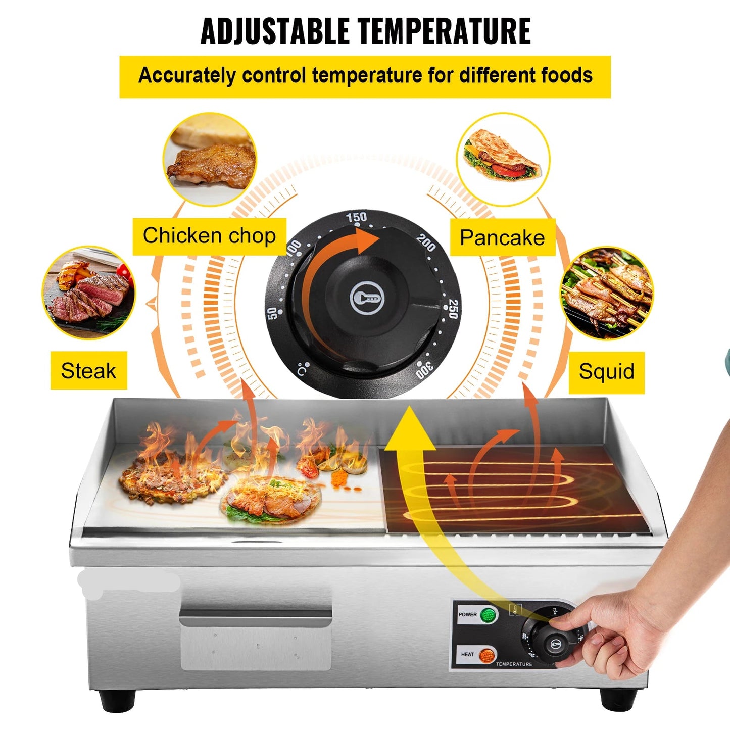 Elektrische Grillplaat - 2800W – Grillplaat - Teppanyaki Grill - Roestvrij Staal – 50-300°C Temperatuurregeling – 18 inch - Voor Horeca - en Thuisgebruik - Ruim Bakoppervlak
