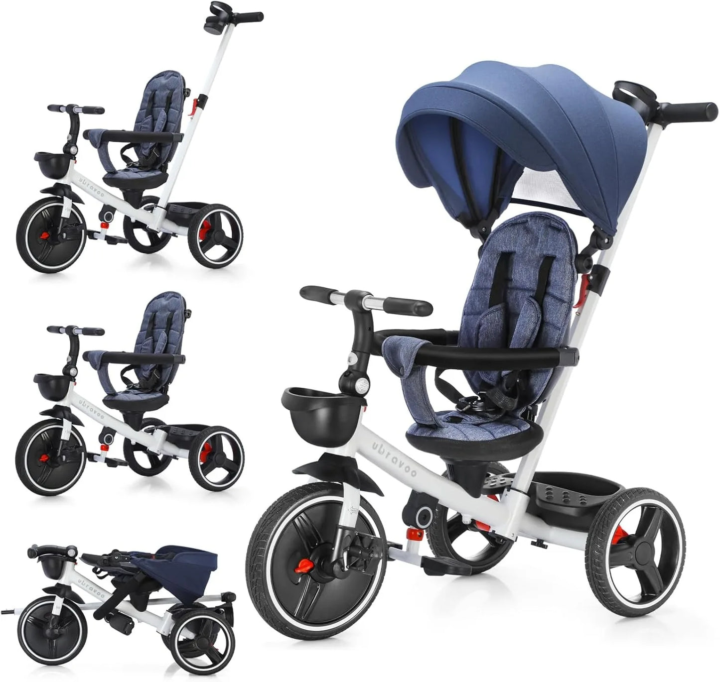 6-in-1 Baby Driewieler - met Duwstang - Driewieler - Kinderen Stuurfiets - Baby Wandelwagen - Verstelbare Zonnekap - Veiligheidsriem - Opvouwbare Pedalen - Verwijderbare Beveiligingsrek - Marineblauw