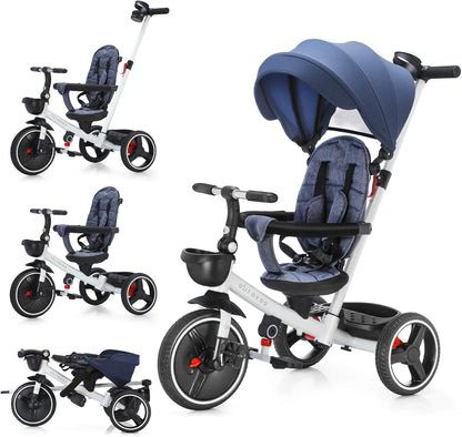 6-in-1 Baby Driewieler - met Duwstang - Driewieler - Kinderen Stuurfiets - Baby Wandelwagen - Verstelbare Zonnekap - Veiligheidsriem - Opvouwbare Pedalen - Verwijderbare Beveiligingsrek - Marineblauw