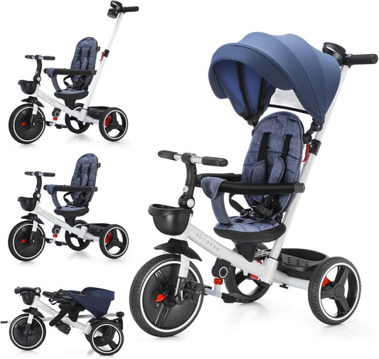 6-in-1 Baby Driewieler - met Duwstang - Driewieler - Kinderen Stuurfiets - Baby Wandelwagen - Verstelbare Zonnekap - Veiligheidsriem - Opvouwbare Pedalen - Verwijderbare Beveiligingsrek - Marineblauw