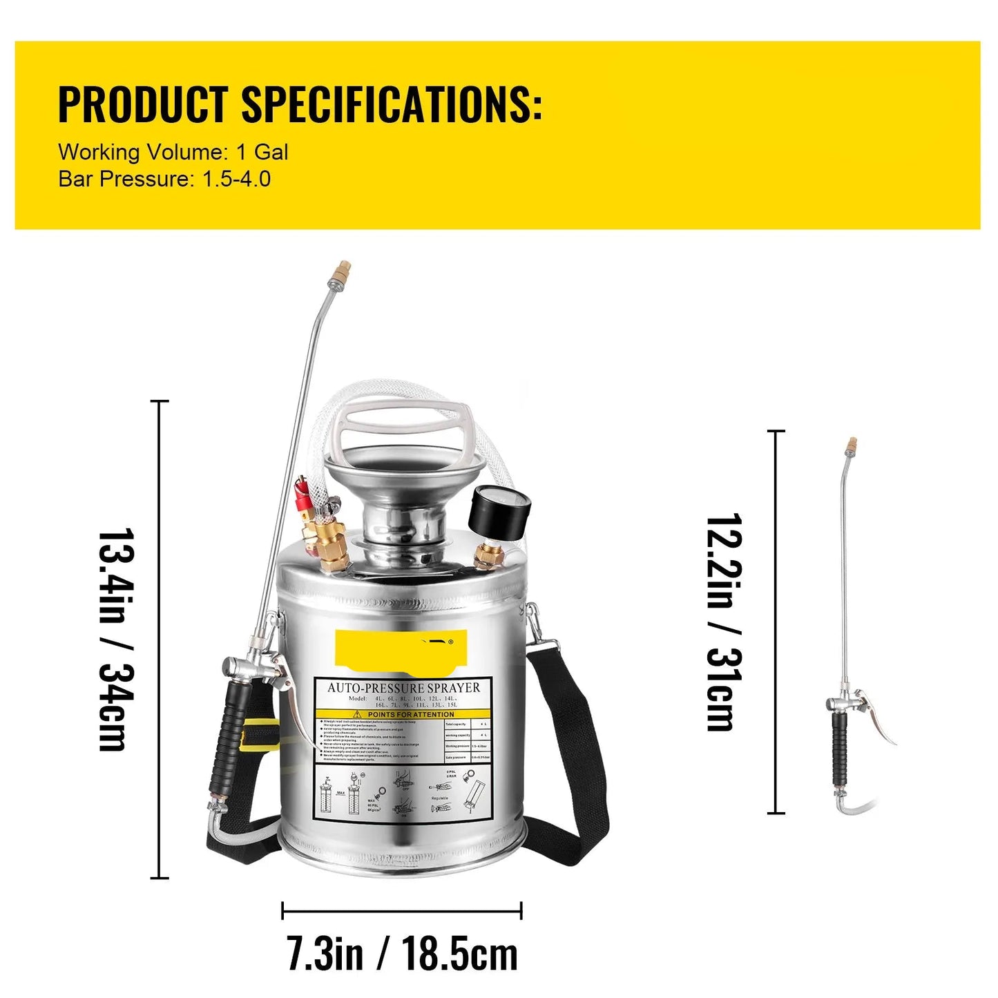 RVS Tuinsproeier - Rugspuit - Onkruidsproeier - Sproeier - Drukspuit - 4L - Handpomp - Verstelbare Messing Nozzle - voor Tuin - Reiniging - Desinfectie