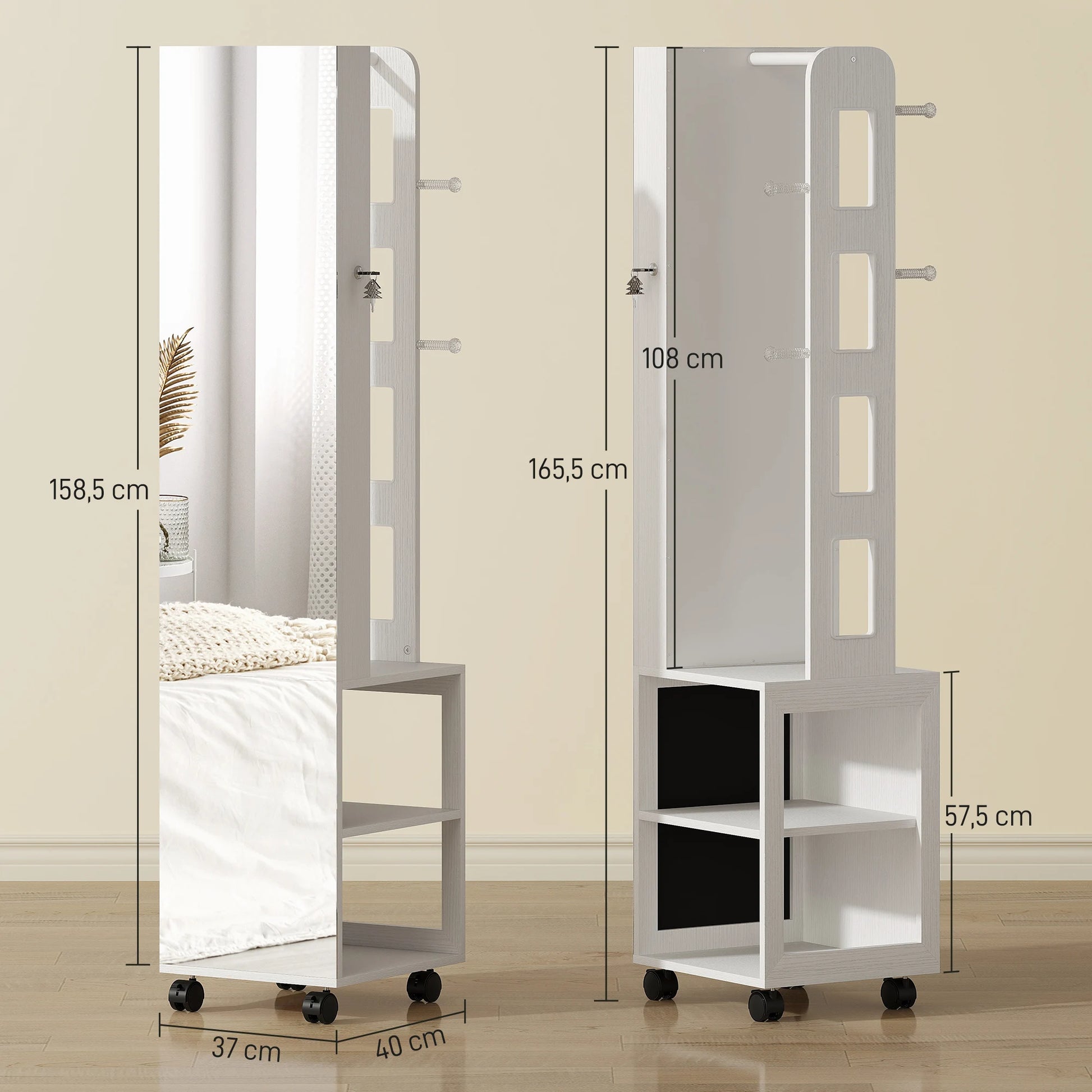 Sieradendoos Spiegel – Sieradenkast – Opbergdoos – Accessoire Organizer – 360° Draaibare Basis – LED-Verlichting – Slot Met Sleutels – Wit Met Beige - QUORE
