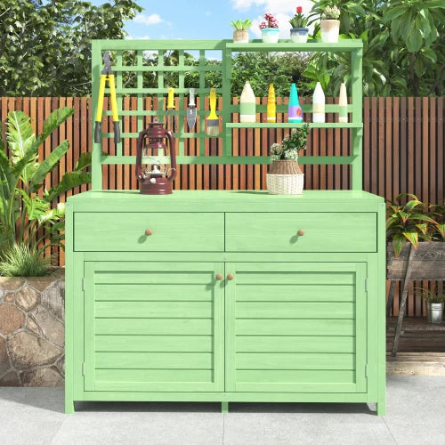 Houten Tuinkast - Tuinhuisje - Buitenkast - Gereedschapsschuur - Gereedschapskast - Gereedschapshuisje - Terraskast - met Werkblad - en Opbergruimte - 105x44x141,5 cm - Balkon - en Tuinmeubilair - Groen