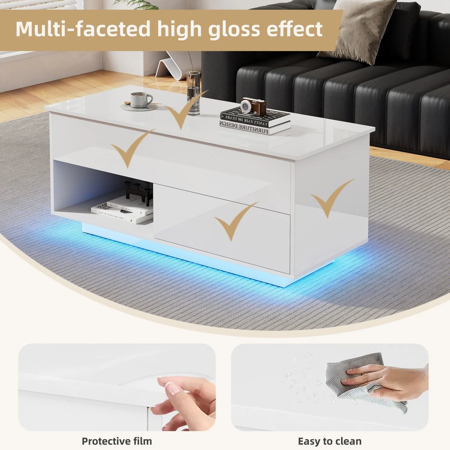 Hoogglans Salontafel – Koffietafel – Tafeltje – Woonkamertafel – Tafel Met Verstelbaar Blad – LED-Verlichting – Lade En Open Opbergruimte – 100x50x55 cm – Robuuste Constructie
