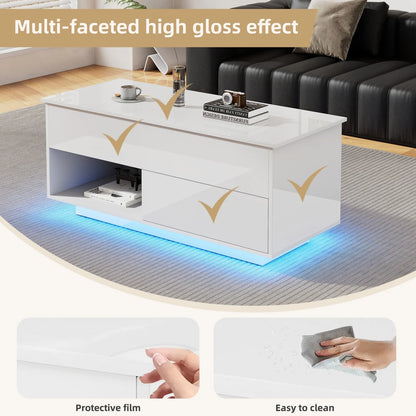Hoogglans Salontafel – Koffietafel – Tafeltje – Woonkamertafel – Tafel Met Verstelbaar Blad – LED-Verlichting – Lade En Open Opbergruimte – 100x50x55 cm – Robuuste Constructie