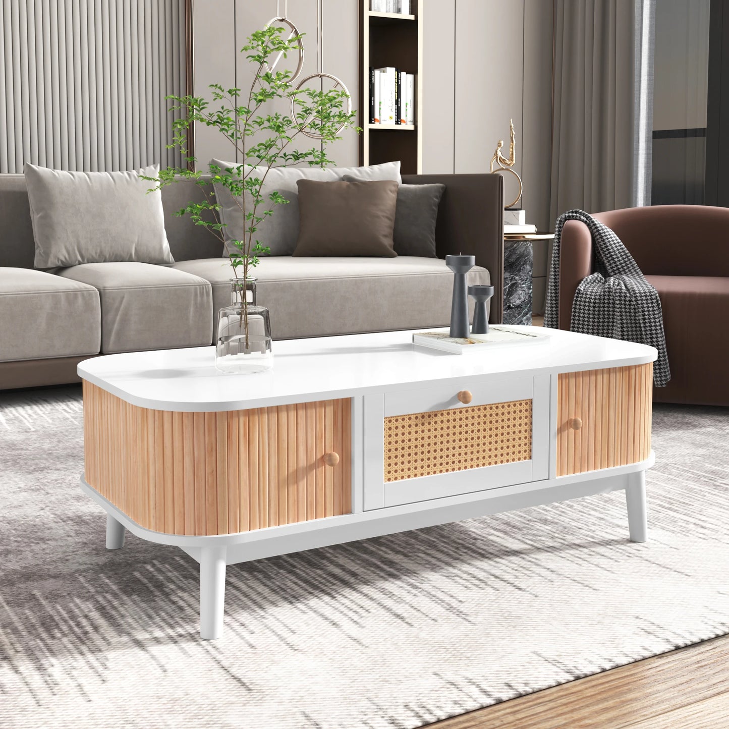 Salontafel – Rattan Salontafel – Houten Tafel – Koffietafel – Woonkamer Tafel – Met Handgemaakte Massief Houten Schuifdeuren – Ruime Opbergruimte en Natuurlijke Walnotenkleur